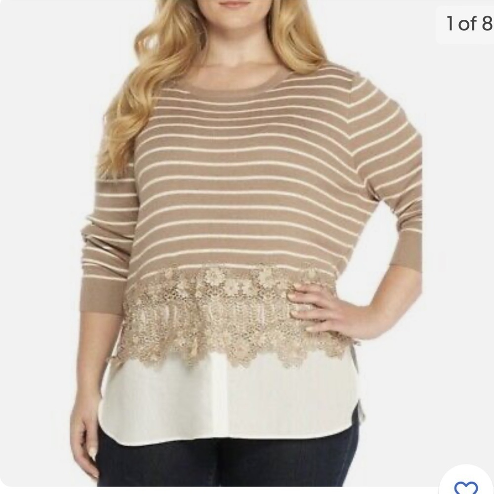 New Directions Curvy Khaki Brown/White Striped Layered Sweater Lace Trim Size 2X